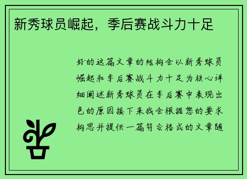 新秀球员崛起，季后赛战斗力十足