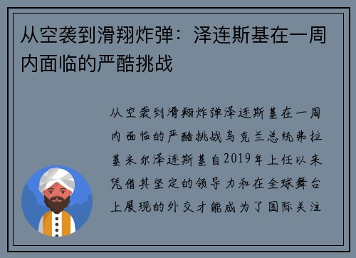 从空袭到滑翔炸弹：泽连斯基在一周内面临的严酷挑战