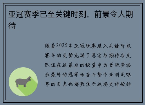 亚冠赛季已至关键时刻，前景令人期待