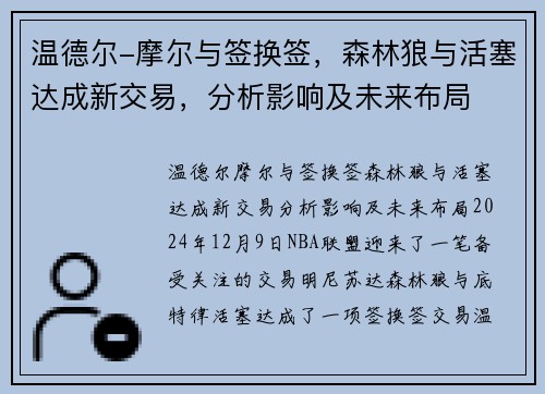温德尔-摩尔与签换签，森林狼与活塞达成新交易，分析影响及未来布局